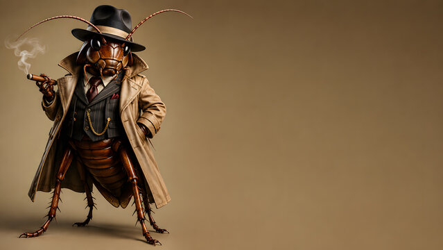 cockroaches, cockroach as a man in a kakhi background with copy space 