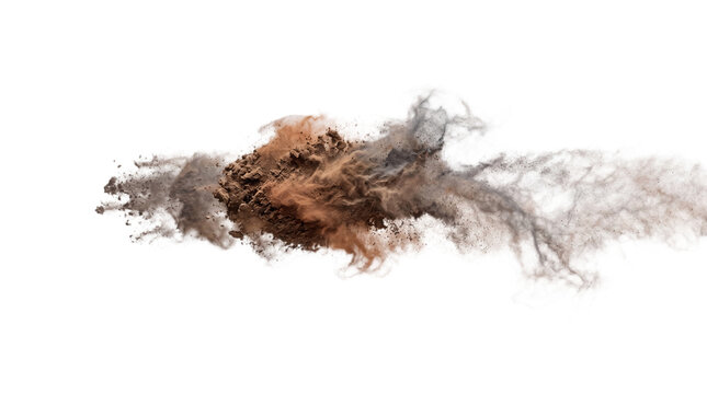 A cloud of brown and gray powder exploding on transparent background