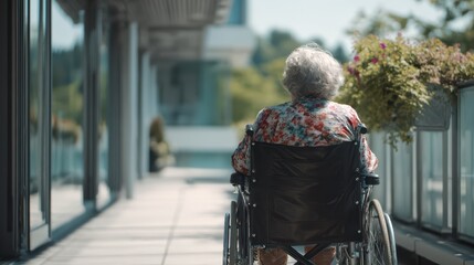 Obraz premium Elderly woman outdoors in wheelchair, hospital terrace, realistic anatomy, 85mm f/1.4 lens, soft background 