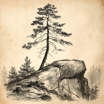 Vintage Botanical Engraving of a Solitary Scots Pine &ndash; AI Generative