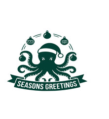 Green silhouette quirky Christmas emblem featuring a marine ocean octopus wearing a Santa hat holding ornaments with a seasons greetings ribbon banner art © Mr. Akash
