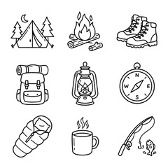 Fototapeta premium Survival and camping equipment line icons collection.