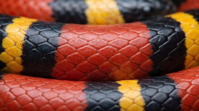 Close-up of a snake with red, black, and yellow banded scales