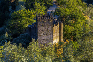 An ancient stone fortress tower stands surrounded by dense green forest foliage © wundermann
