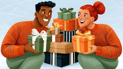 Obraz premium Young couple exchanging Christmas gifts while ice skating in cozy holiday sweaters and smiling