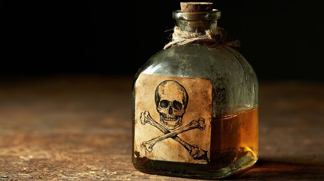 Skull and crossbones mark a glass bottle. This image illustrates old science ideas like poisons and medicines, covering topics from chemistry to health.