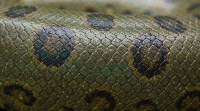 Close up of green snake skin texture with dark spots