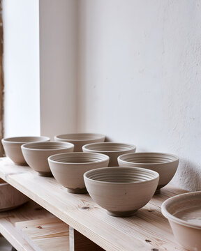 Unglazed clay bowls drying before firing in a bright workshop