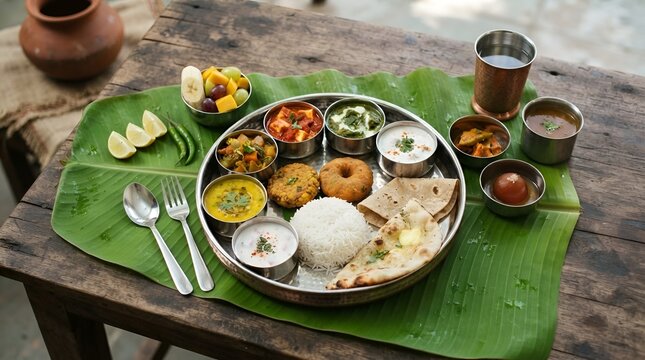 Traditional Navratri upwas thali served on a banana leaf with steaming hot dal, roti and vegetables, Navratri fasting food, Indian traditional meal