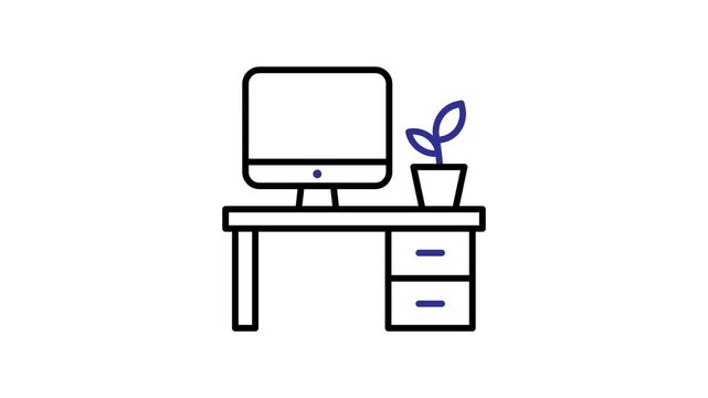 Office animated. Office workspace. Modern desk with a monitor. Management, team, marketing. outline design style.