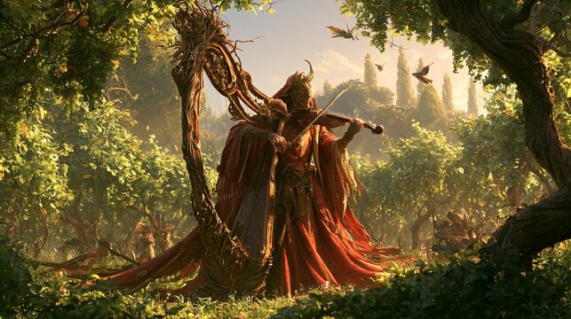 Man in robe and mask plays magic harp by vineyard. Digital 2D art.