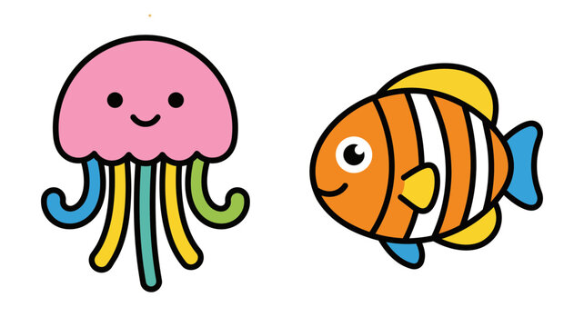 Cartoon jellyfish and clownfish together Vector