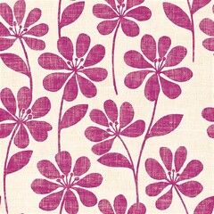 Fototapeta premium Seamless floral pattern with magenta pink retro flowers on off-white linen texture backdrop, mid-century Scandinavian style 