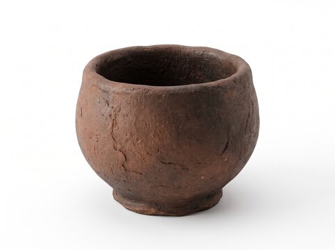 Handcrafted Ancient Style Clay Pottery Bowl with Rustic Texture and Earthy Brown Finish Isolated on White Background