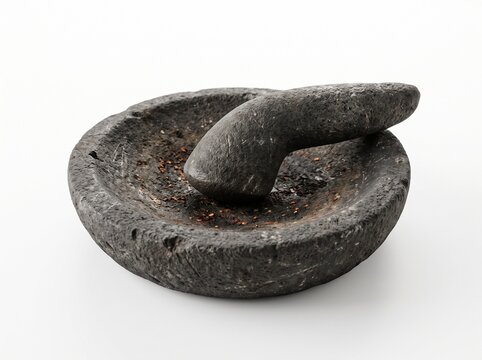 A traditional stone mortar and pestle, perfect for grinding herbs, spices, and other ingredients for culinary preparation