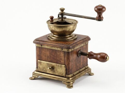 A Classic Manual Coffee Grinder Featuring A Vintage Wooden Body And Ornate Brass Accents Isolated Against A Clean White Background Studio Shot