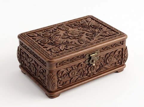 Handcrafted Vintage Dark Wooden Jewelry Box with Intricate Floral Relief Carvings and Decorative Brass Clasp on White Background