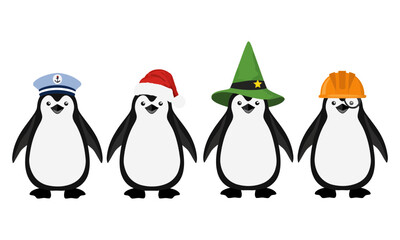 Fototapeta premium Four cartoon penguins wearing colorful party hats, isolated