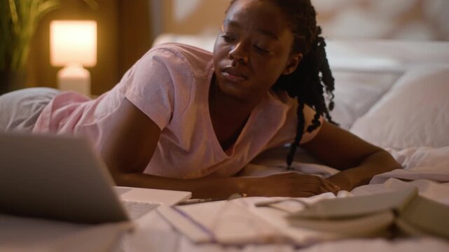 Exhausted African American woman sleeping on bed with books after studying late night female student waking up closing laptop homework education work tired girl napping insomnia relaxing home bedroom