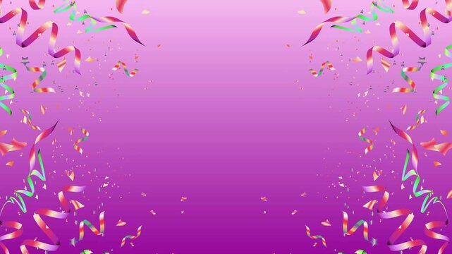 Shiny colorful streamers and glittery confetti falling against vivid purple gradient festive background.