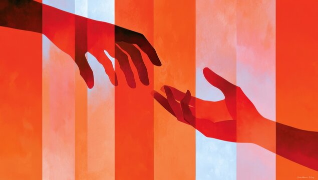 Abstract red hands reaching toward each other conveying connection, support and human compassion in art