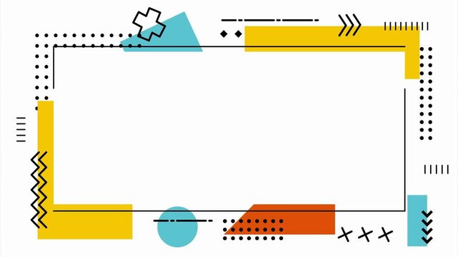 Abstract geometric frame template with moving shapes and modern memphis style design for video projects.