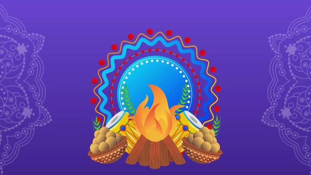 Lohri bonfire festival celebration animation with traditional sweets and dhol drum on purple background.