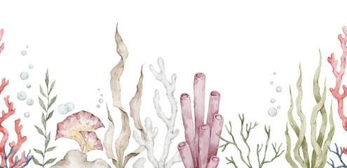 Watercolor seamless border with corals, seaweed, anemone, kelp, nautical nature. Colorful reef, marine elements. © Kate K.