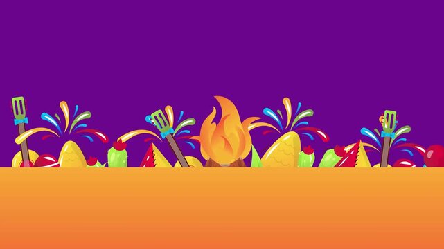 Festa junina motion background with bonfire and colorful party elements over purple and orange landscape.