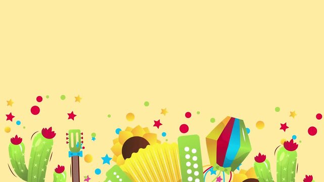 Festive party background featuring colorful traditional brazilian june festival elements with bright icons.