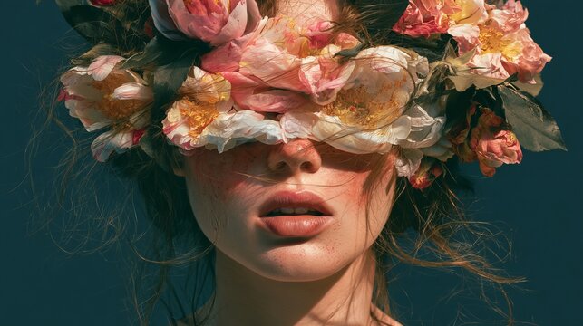 Young woman's abstract portrait with flowers on her face covers her eyes.