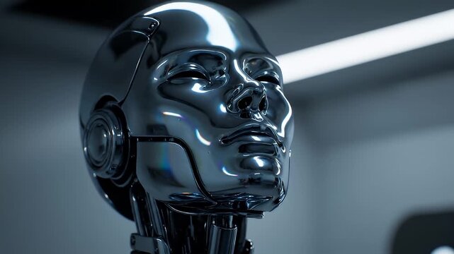 Close-up of glossy black humanoid robot face.