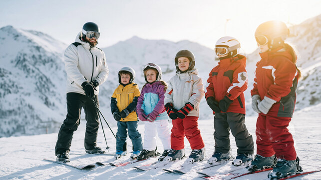 Ski instructor teaching group of young children skiing on a sunny mountain slope during winter vacation