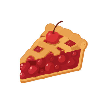 Slice of delicious cherry pie with a cherry on top, isolated on transparent background. Sweet homemade dessert vector illustration.