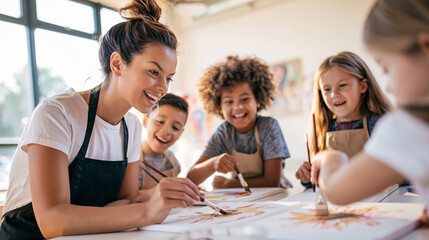 Obraz premium Art teacher guiding diverse children, expressing creativity and learning painting in a bright classroom
