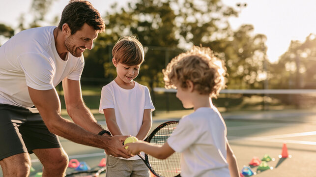 Father teaching his sons tennis outdoors, showing them how to hold a racket and ball, enjoying family sport