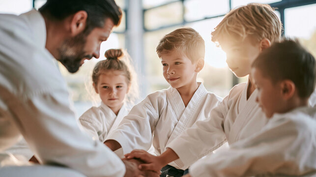 Martial arts instructor and children forming a huddle, expressing teamwork, unity, and discipline in dojo class