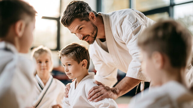 Martial arts instructor guiding young children in a karate class, teaching discipline and focus
