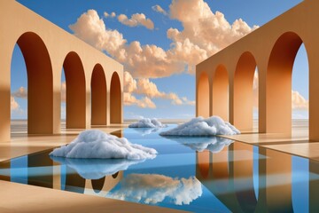 Naklejka premium Surreal architectural arches and floating clouds reflected in a tranquil mirrored pool at sunset