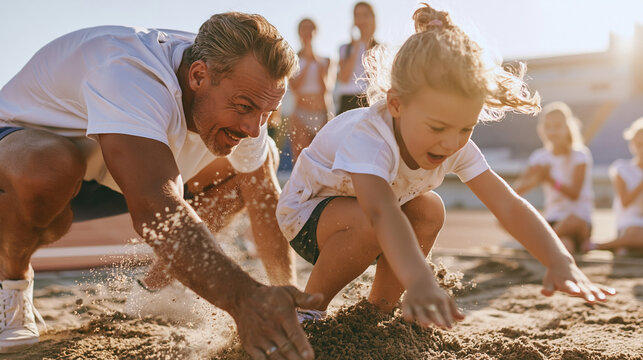 Father and daughter competing in long jump pit, enjoying athletic training with a bright smile outdoors
