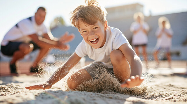 Boy athlete happily landing in a sand pit after a long jump, training with coach and teammates on a sunny day