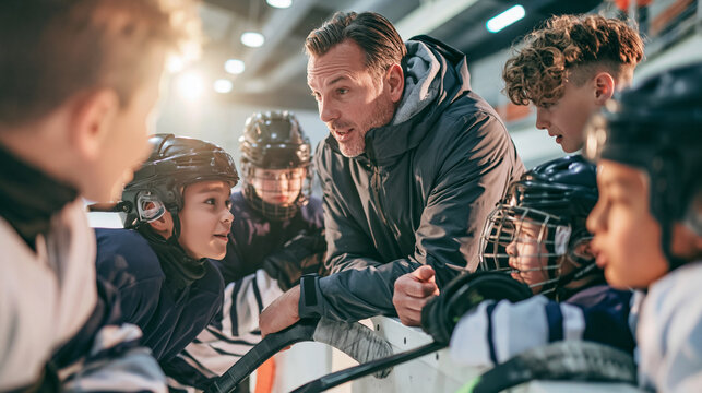 Ice hockey coach instructing youth team during a break, explaining game strategy and tactics on the rink