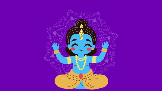 Little Krishna meditating in lotus pose with rotating mandala background animation for spiritual devotion.