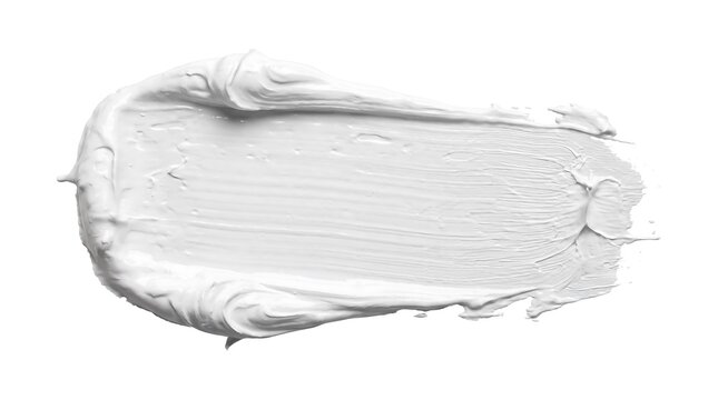 Thick white paint stroke on white background, art supply texture, smooth impasto application, creamy cosmetic smudge, versatile art material, studio isolated object.