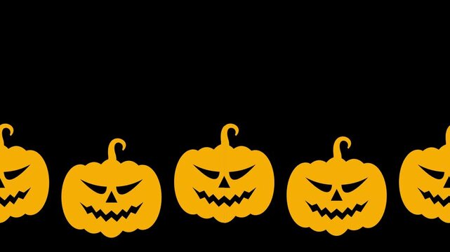 Seamless looping halloween pumpkin border animation with scary faces moving left to right over black background.