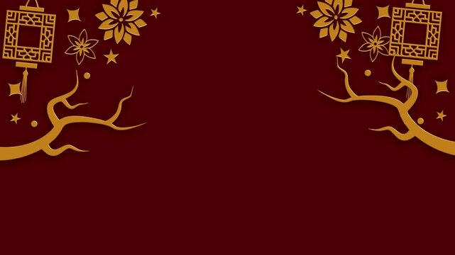 Lunar new year background with golden oriental lanterns and flowers animated in flat vector motion style.
