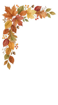Watercolor Autumn Foliage Corner Border Isolated