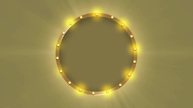 Golden light circular neon frame glowing in dark backdrop with radiating beams and elegant retro design style.
