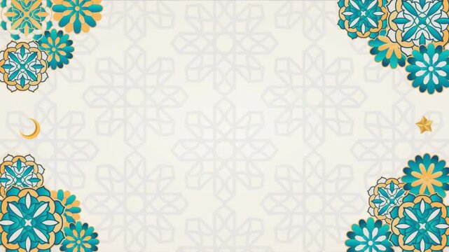 Animated islamic floral background featuring teal golden mandala patterns with moon and star for ramadan.