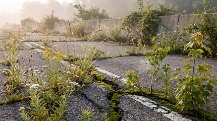 Naklejka premium Post apocalyptic landscape showing wild grass and moss growing through a cracked abandoned asphalt road